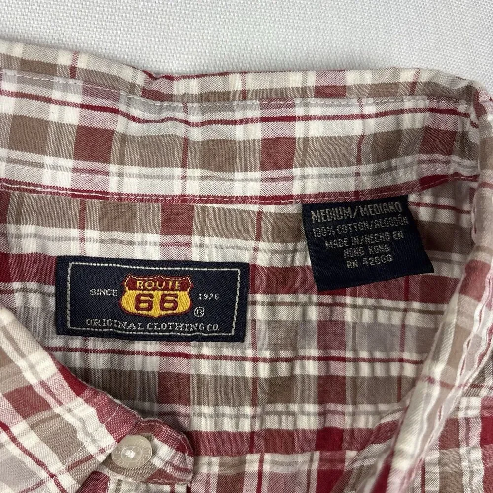 Vintage Y2K Route 66 Men's Casual Shirt Red Plaid Cotton Size M Short Sleeve - Picture 3 of 8